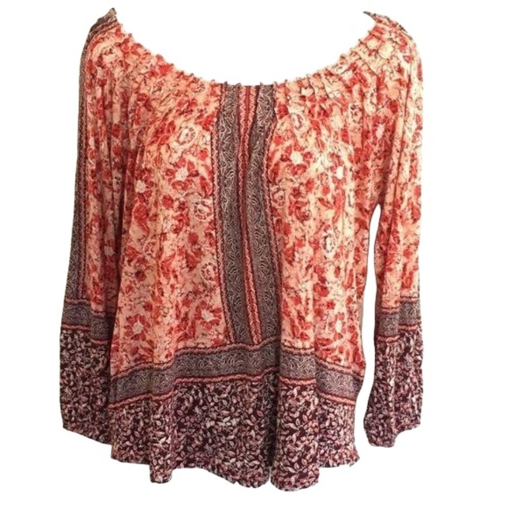 Lucky Brand Off The Shoulder Blouse Floral Bohemian Long Sleeve Tunic Loose S - Picture 1 of 8